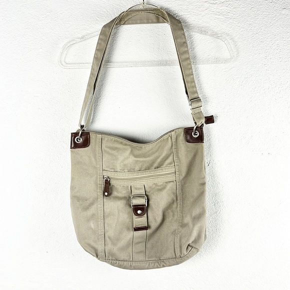 👜 Tan & Brown Faux Leather Trim Adjustable Strap Crossbody Purse Bag - Picture 1 of 10